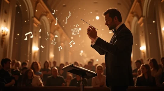 Chef d'orchestre dirigeant une symphonie numérique avec graphiques, données et symboles marketing flottants