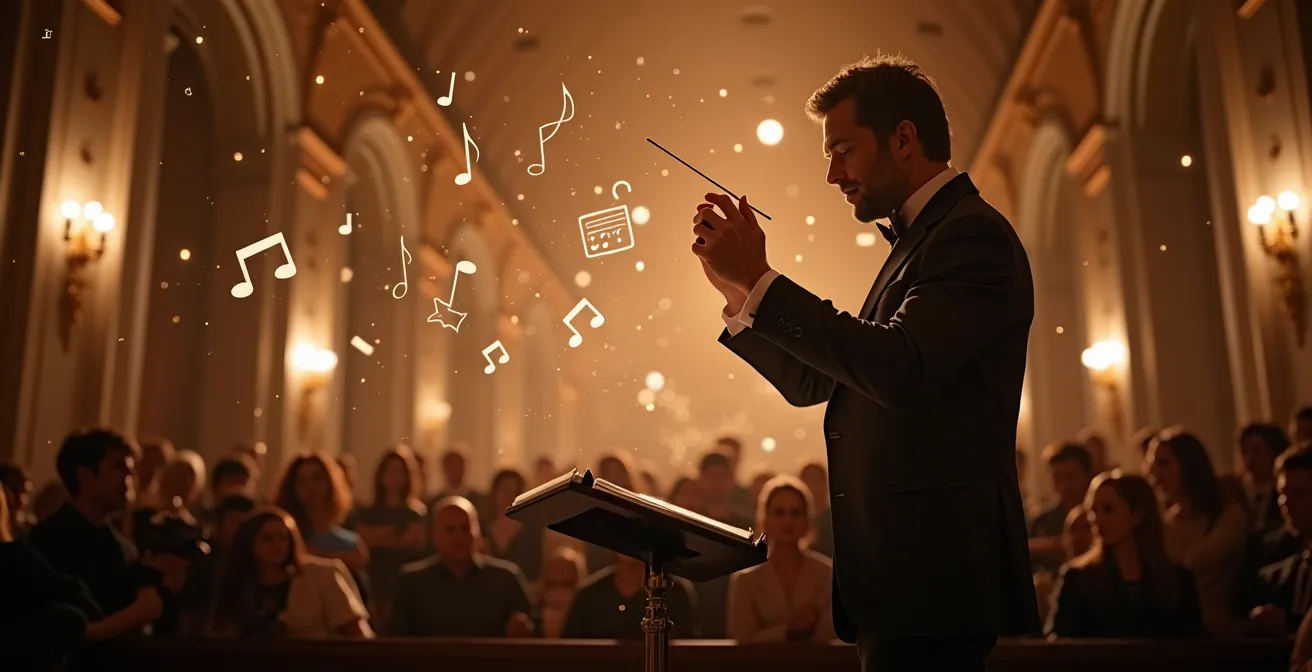 Chef d'orchestre dirigeant une symphonie numérique avec graphiques, données et symboles marketing flottants