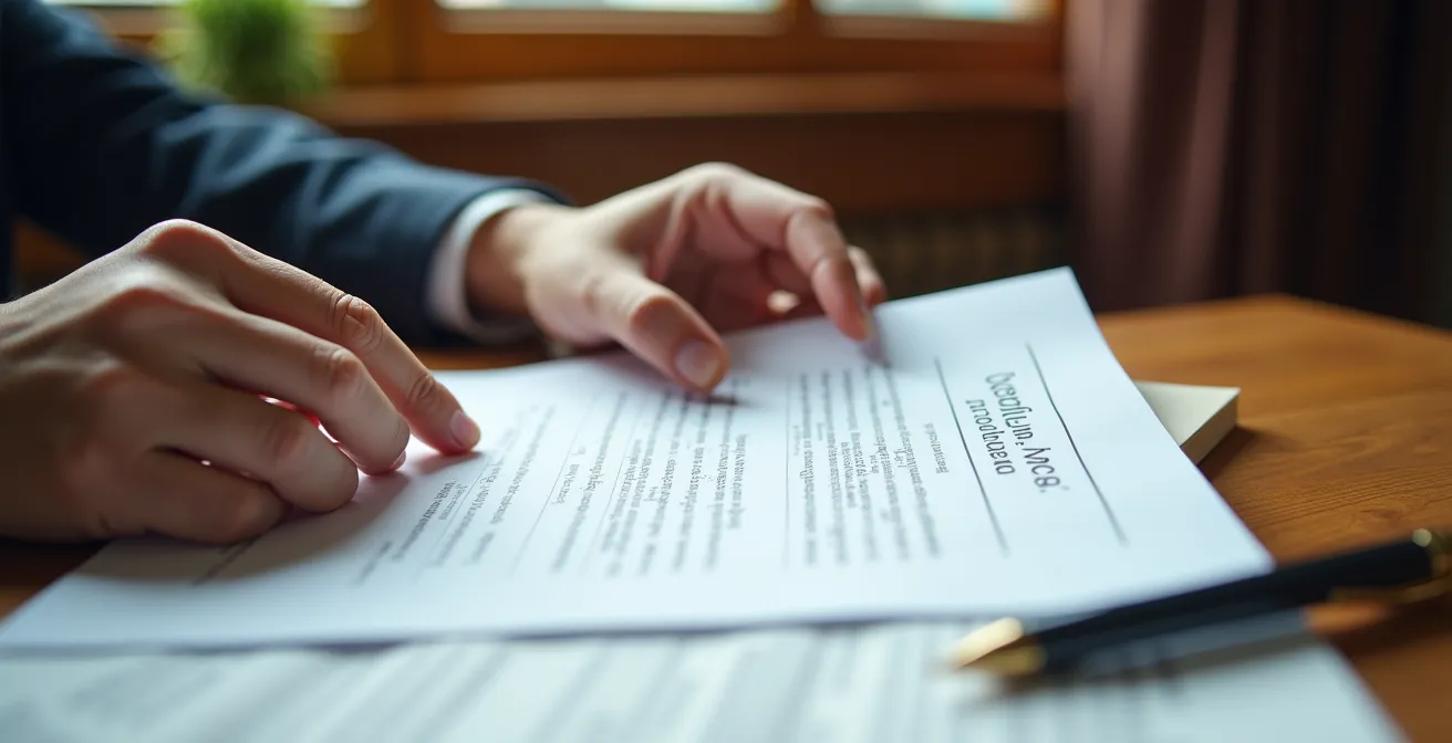 Professionnel examinant attentivement des documents contractuels avec loupe symbolique