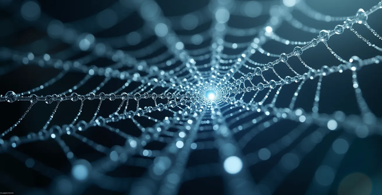 Visualisation en 3D d'une structure en cocon sémantique avec nœuds connectés représentant pages et liens internes