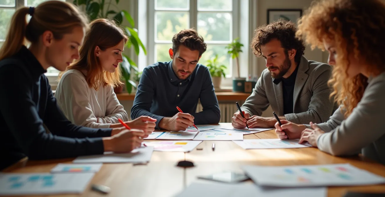 Un groupe diversifié de collaborateurs français autour d'une table de réunion, discutant et esquissant les valeurs et l'essence d'une entreprise, avec des visuels graphiques émergeant organiquement du processus créatif collectif.