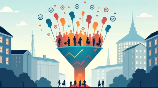 Illustration d'un entonnoir de conversion montrant des visiteurs de qualité versus des touristes numériques, avec des symboles de conversion et des indicateurs de pertinence clients