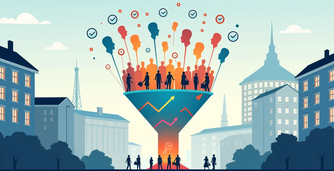 Illustration d'un entonnoir de conversion montrant des visiteurs de qualité versus des touristes numériques, avec des symboles de conversion et des indicateurs de pertinence clients