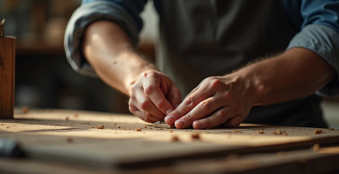 Photo conceptuelle montrant la main d'un artisan guidant celle d'un apprenti, symbolisant l'aide concrète et la transformation plutôt que la simple information