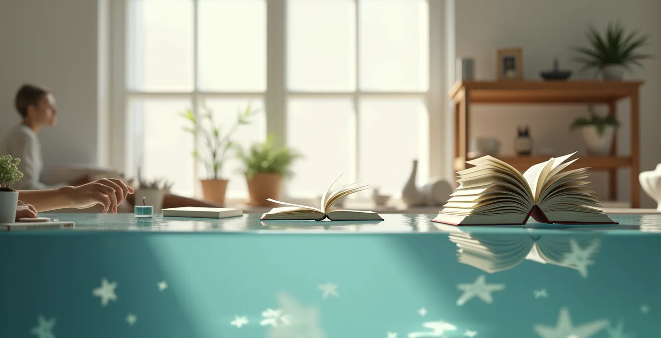 Illustration d'une transformation progressive montrant le passage de l'information simple à la connaissance profonde, avec éléments de webdesign français épurés