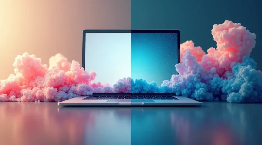 Composition éditorial montrant l'évolution d'une interface web de desktop vers mobile avec adaptation de contenu et disposition.