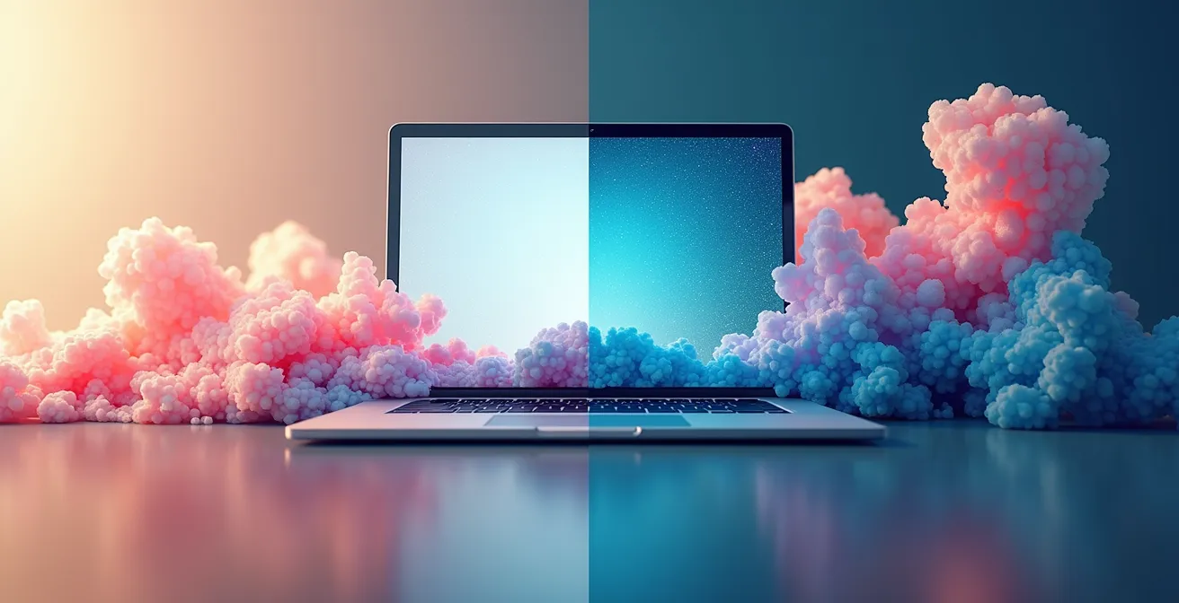 Composition éditorial montrant l'évolution d'une interface web de desktop vers mobile avec adaptation de contenu et disposition.