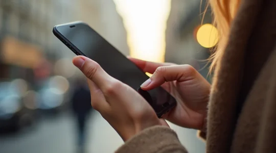 Illustration éditoriale montrant un doigt de la main positionné sur un smartphone pour illustrer les zones ergonomiques naturelles d'interaction tactile.