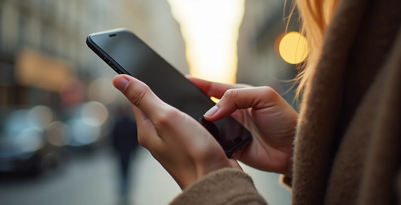 Illustration éditoriale montrant un doigt de la main positionné sur un smartphone pour illustrer les zones ergonomiques naturelles d'interaction tactile.