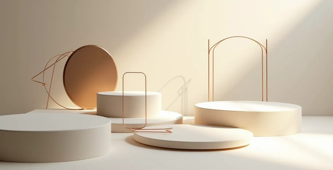 Une composition visuelle symbolisant l'identité graphique comme fondation d'une marque, avec des éléments graphiques entrelacés représentant cohésion et structure stratégique.