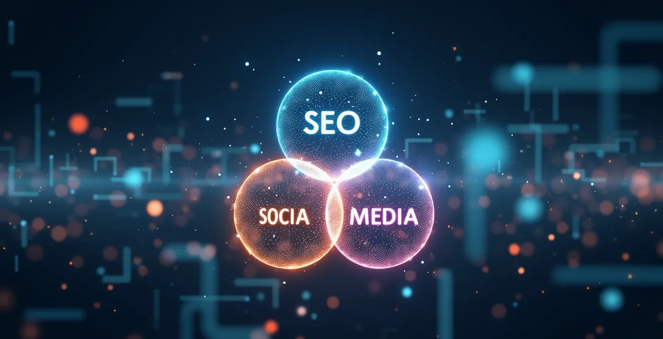 Diagramme montrant l'interconnexion entre SEO, SEA et réseaux sociaux avec flèches de rétroaction et données partagées