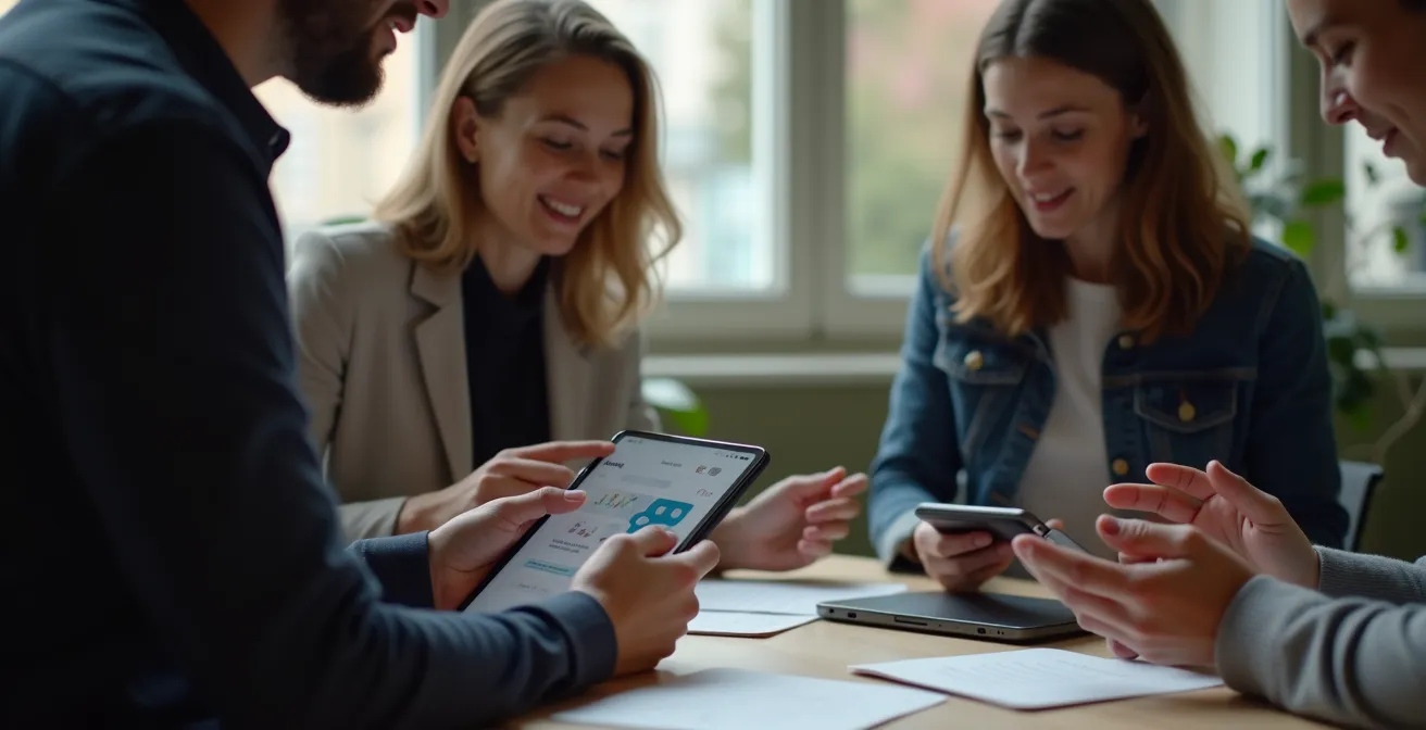 Illustration montrant un processus itératif rapide de validation de marché, avec des utilisateurs testant une version simplifiée et des feedbacks circulant rapidement vers l'équipe de développement.