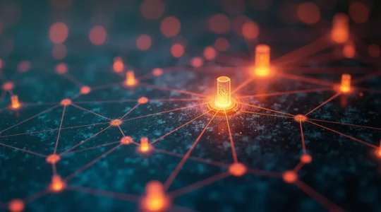 Visualisation abstraite d'un algorithme Google avec symboles de pertinence, autorité et confiance interconnectés dans un écosystème digital français