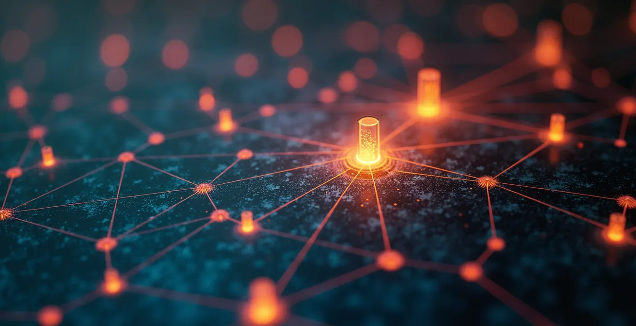 Visualisation abstraite d'un algorithme Google avec symboles de pertinence, autorité et confiance interconnectés dans un écosystème digital français