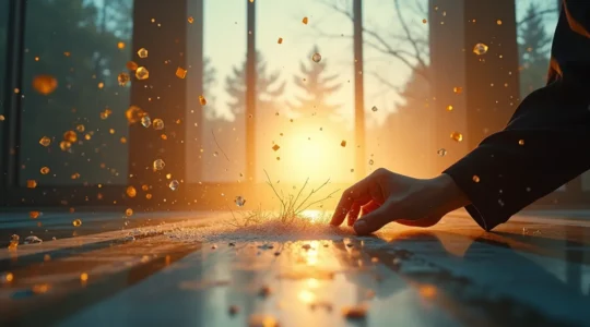 Une composition visuelle montrant un utilisateur engagé trouvant la réponse parfaite à son problème, avec des éléments graphiques abstraits symbolisant la compréhension et l'accessibilité