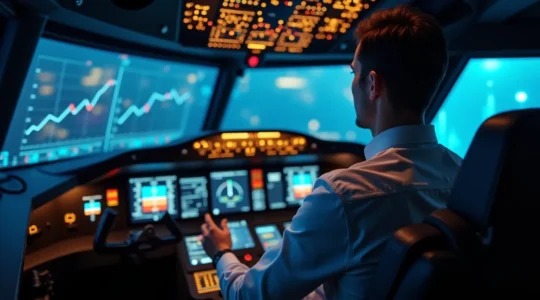 Un pilote concentré aux commandes d'un cockpit futuriste symbolisant la maîtrise stratégique du SEA, avec tableaux de bord lumineux affichant des métriques de conversion et d'enchères Google Ads.