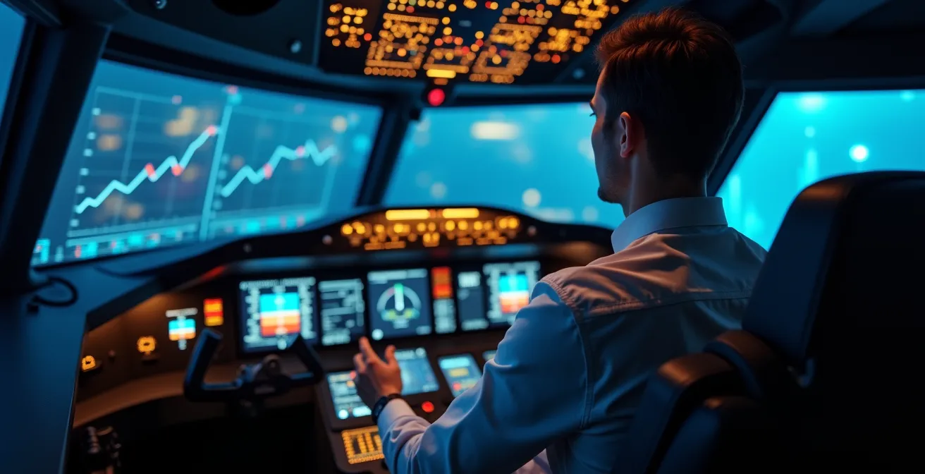 Un pilote concentré aux commandes d'un cockpit futuriste symbolisant la maîtrise stratégique du SEA, avec tableaux de bord lumineux affichant des métriques de conversion et d'enchères Google Ads.