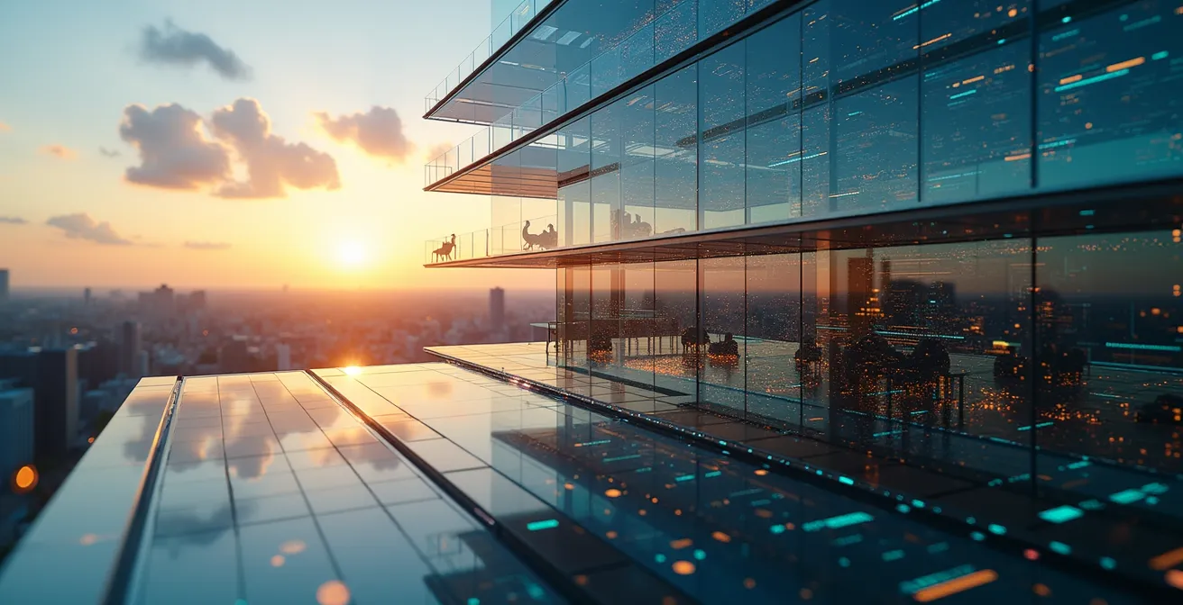 Illustration éditoriale montrant une architecture numérique complexe en construction, avec des interfaces numériques flottantes, des structures de données interconnectées et des fondations technologiques solides, reflet de l'ambition d'une plateforme française innovante.