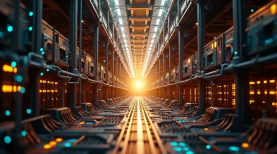 Illustration éditorial montrant les rouages techniques du SEO avec moteur de recherche et données structurées