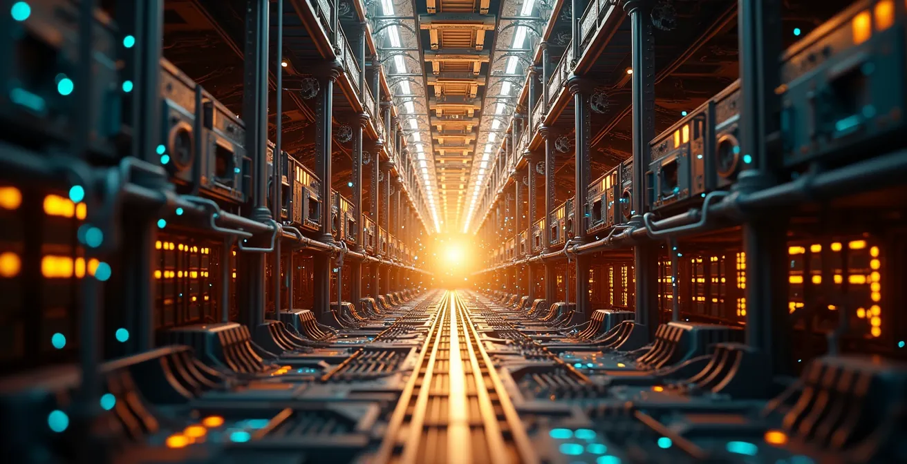 Illustration éditorial montrant les rouages techniques du SEO avec moteur de recherche et données structurées