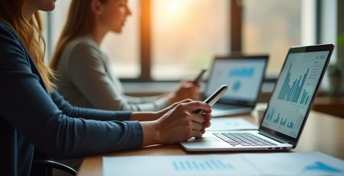 Diagramme circulaire montrant l'interconnexion entre les canaux SEO, SEA et réseaux sociaux, avec des flux de données convergeant vers un centre unique représentant la stratégie omnicanale unifiée.