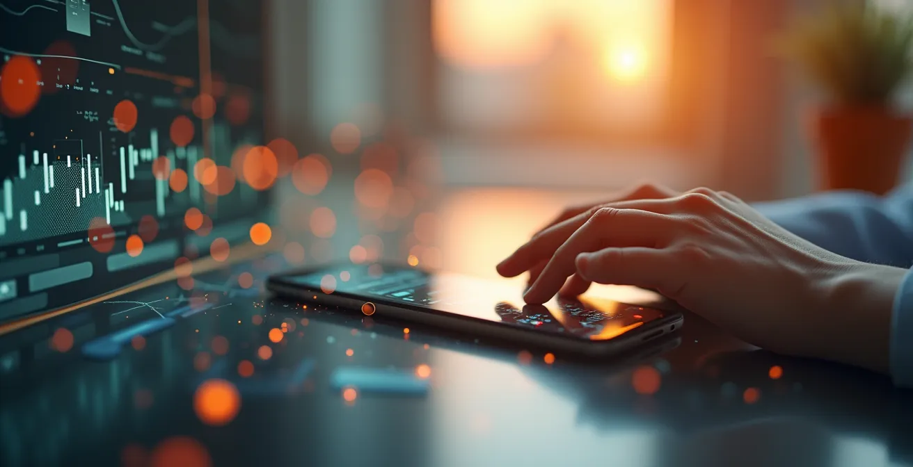 Photographie éditoriale montrant une interface numérique complexe avec plusieurs couches de présence digitale entrecroisées, symbolisant l'omniprésence et la stratégie intégrée sur internet.