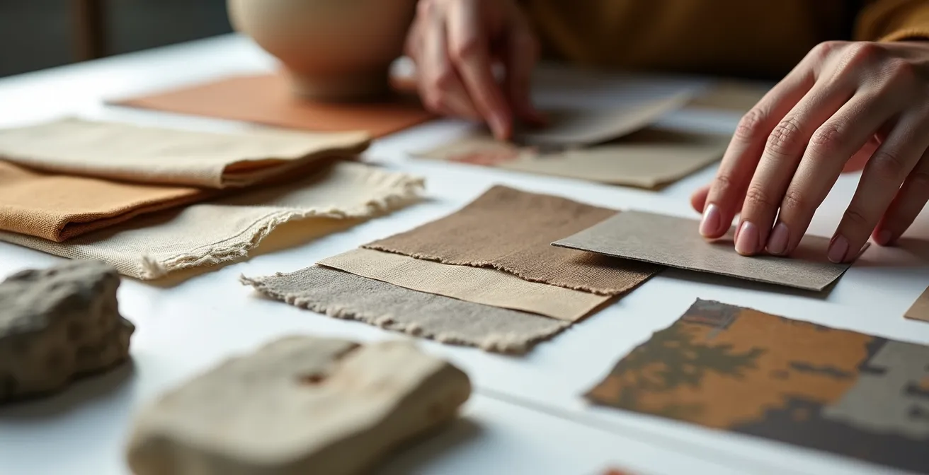 Table de travail vue du dessus avec échantillons de matériaux et images d'inspiration pour brief créatif