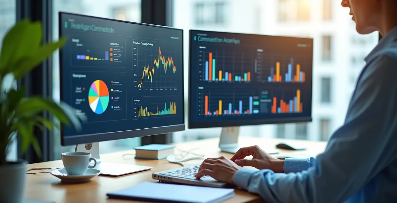 Bureau d'analyse stratégique avec multiples écrans montrant des graphiques et données de performance sociale