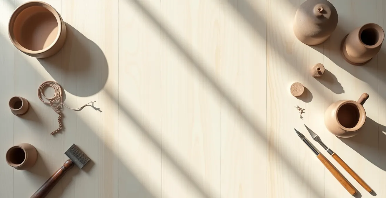 Vue aérienne d'un espace de travail épuré avec des objets artisanaux disposés en motif géométrique