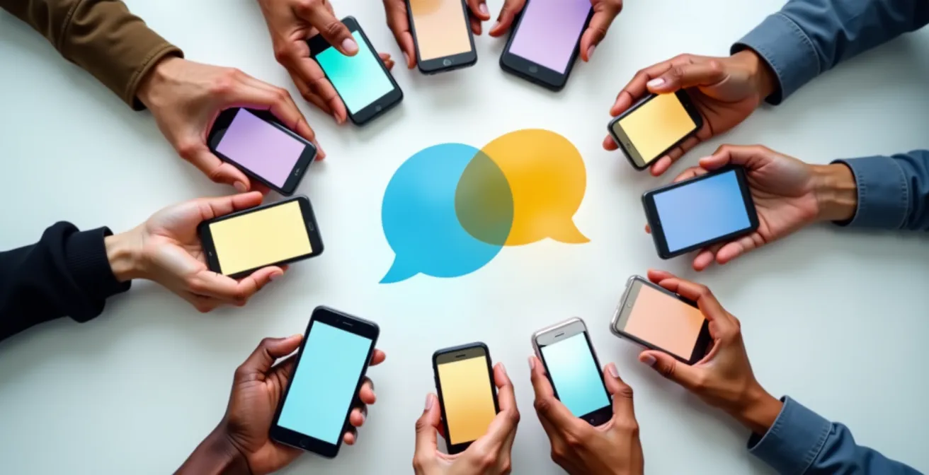 Vue macro de mains tenant différents appareils montrant des bulles de conversation colorées et abstraites