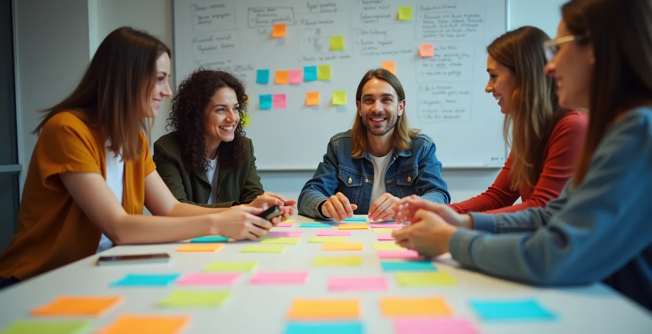 Atelier collaboratif d'équipe analysant des données de recherche vocale sur des post-it pour trouver les vraies questions des clients.