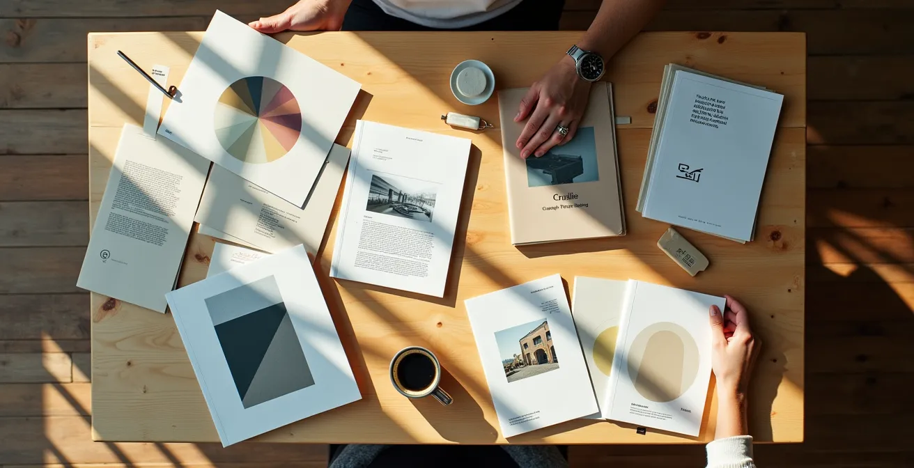 Documents de brief créatif disposés sur une table de travail avec cahiers de notes et échantillons de couleurs