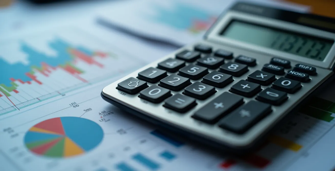Gros plan sur calculatrice et graphiques financiers montrant l'évolution du ROI marketing