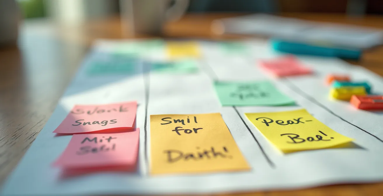 Vue macro détaillée d'un carnet de planning avec marqueurs colorés et post-its organisés