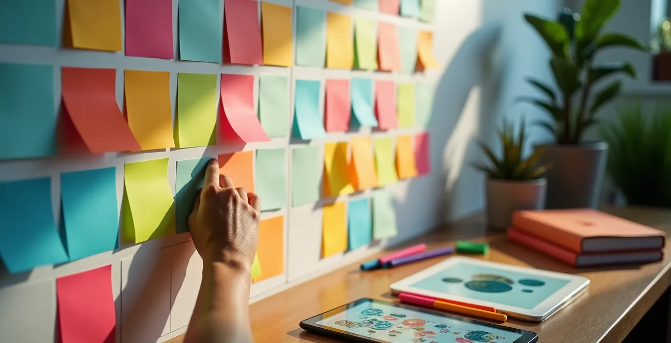 Bureau créatif avec calendrier mural coloré et post-its organisés