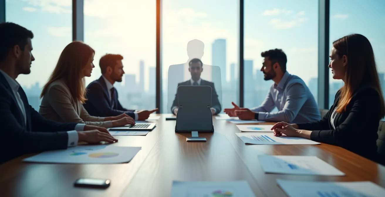 Une chaise vide marquée d'une silhouette abstraite lors d'une réunion d'équipe dans une salle moderne