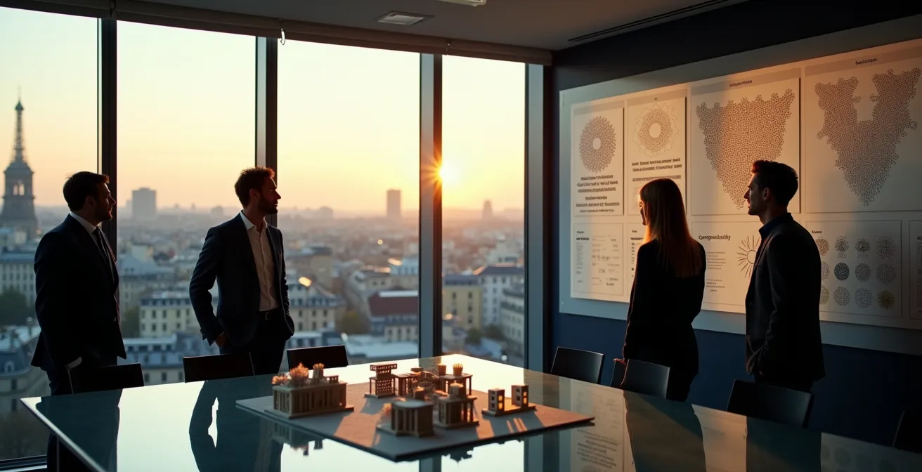 Réunion stratégique moderne avec vue sur graphiques de tendances macro et cartes de positionnement concurrentiel
