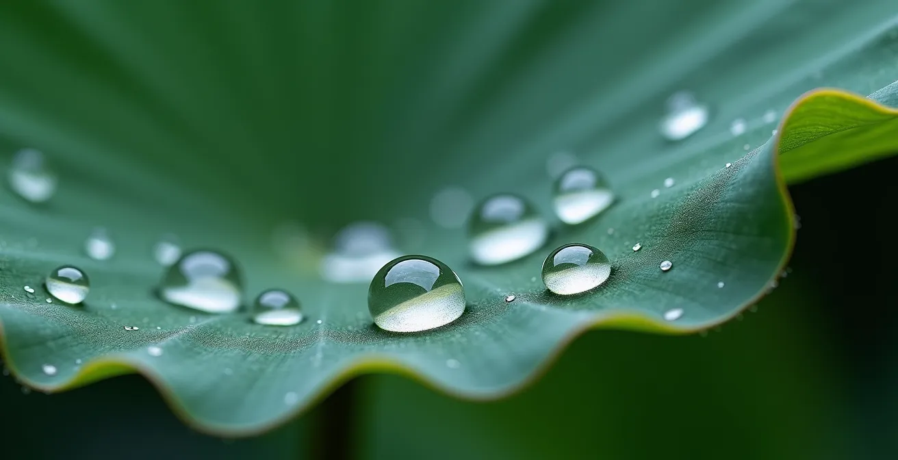 Photo macro de gouttelettes d'eau sur une surface hydrophobe, certaines fusionnant et d'autres se repoussant, métaphore de l'inadéquation du contenu au contexte