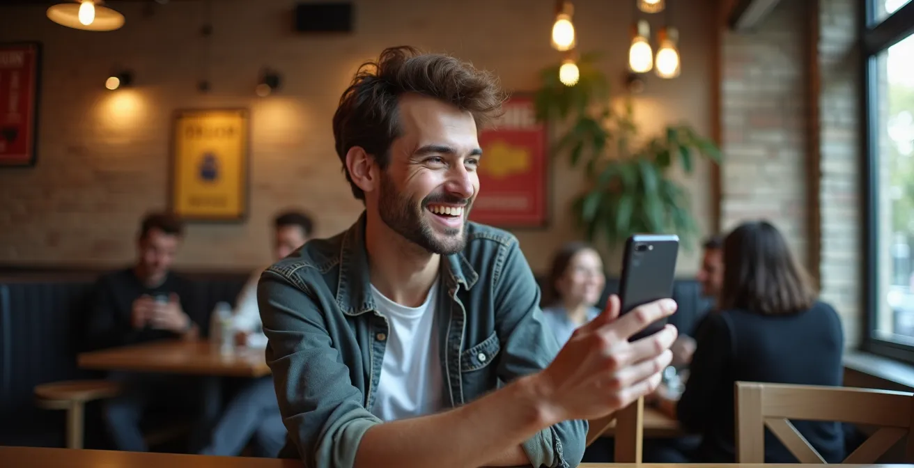 Créateur de contenu filmant spontanément avec son smartphone dans un café parisien