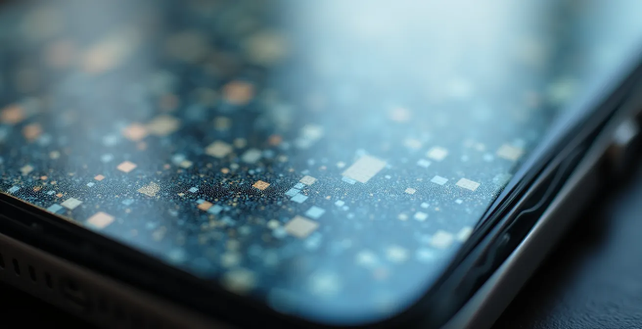 Gros plan macro sur un écran de smartphone montrant une surface pixelisée avec des zones floues et des patterns géométriques suggérant du contenu masqué
