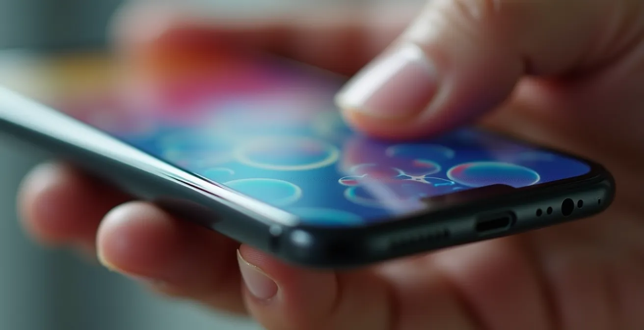 Vue macro d'une main tenant un smartphone montrant une interface de messagerie floue