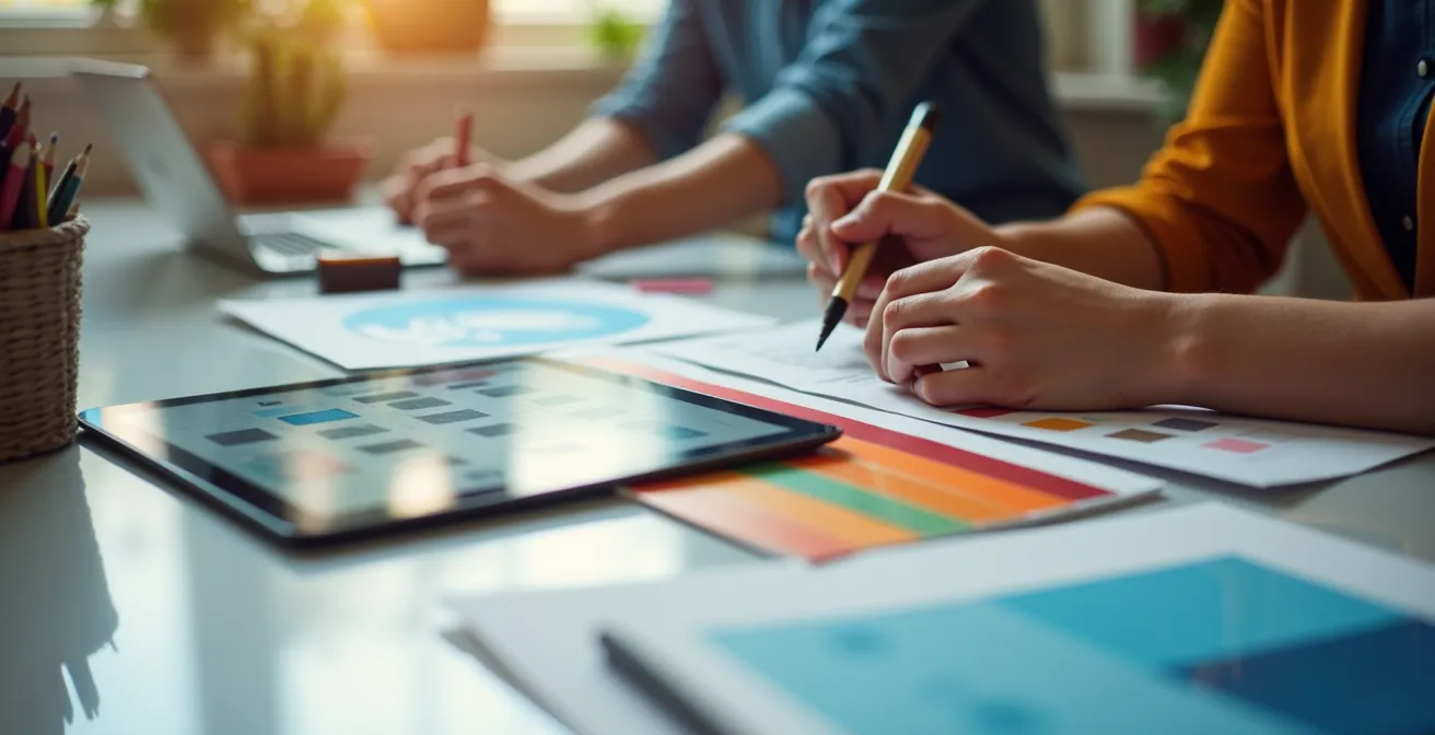 Espace de travail graphiste avec palette de couleurs et écrans montrant des compositions visuelles