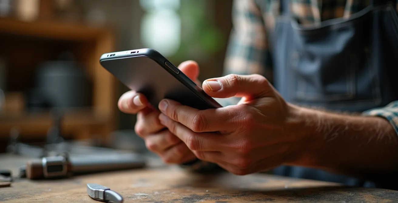 Gros plan sur des mains tenant un smartphone en position de tournage dans un atelier artisanal