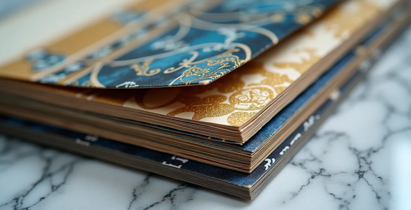 Composition éditoriale luxueuse avec effet de profondeur et zones de lecture