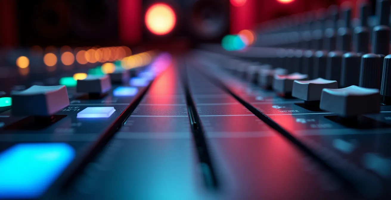 Vue macro d'une table de mixage audio avec des ondes sonores colorées dans un studio d'enregistrement parisien
