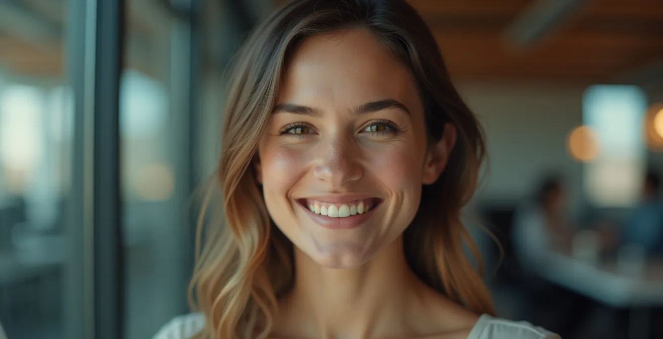 Portrait rapproché d'une personne souriante reflétée dans un écran, créant une connexion visuelle chaleureuse