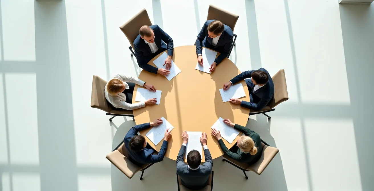 Groupe de professionnels en cercle collaborant autour d'une table ronde