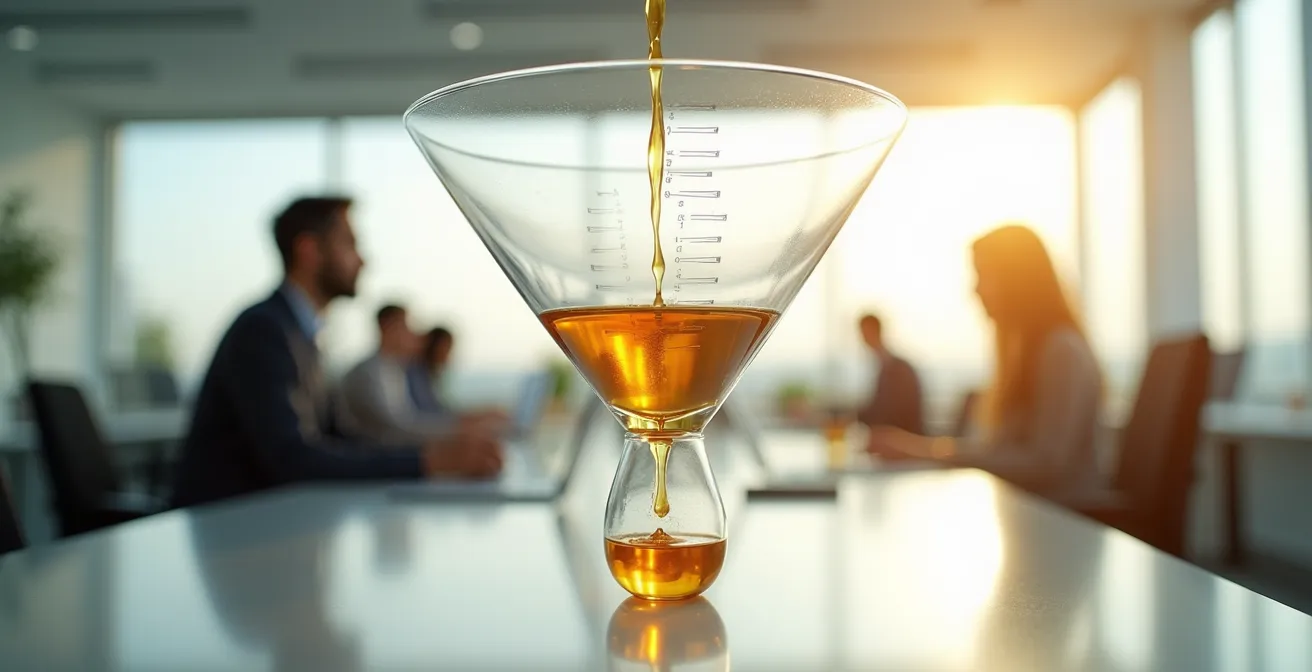 Entonnoir de conversion montrant la précision croissante des requêtes marketing menant à un achat ciblé.