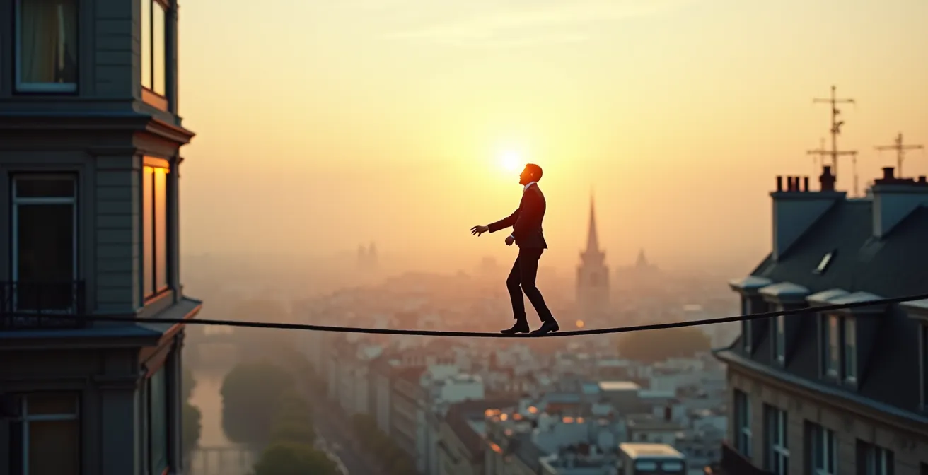 Personne en équilibre sur une corde raide au-dessus d'un paysage urbain français, symbolisant les risques du growth hacking agressif