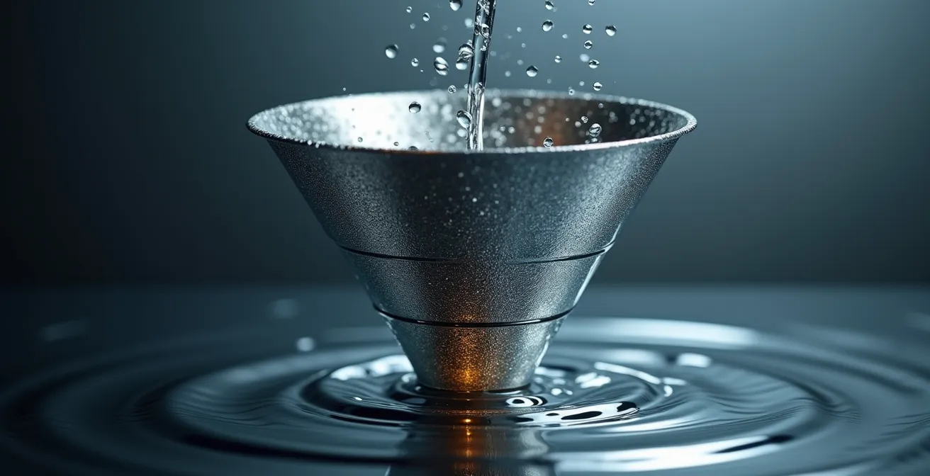 Vue macro d'un entonnoir métallique avec cinq niveaux distincts représentant les étapes du framework AARRR